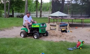 Husband Goofing off on Lawnmower Ends up Dragging Behind it