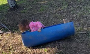 Little girl Slides Down Dirt Hill in Makeshift Sled