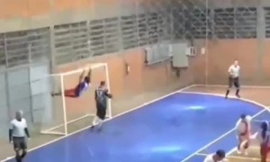 Dude gets stuck in goal netting after missing penalty kick