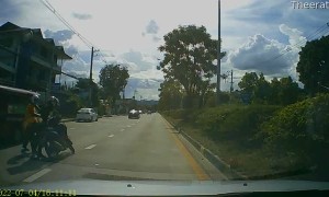 Motorcyclist Knocked Over by Truck