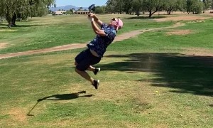 Golf Swing Sends Guy onto the Grass