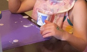 Twin 4-Year-Old Girl Bored with Yogurt