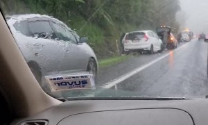 Big Pothole Flattens a Ton of Car Tires on State Highway