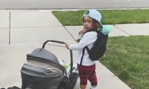 Two Year Old Rocks Baby Sister in Car Seat