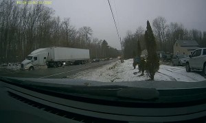 Semi Truck Jackknifes Into Two Cars on Icy Road