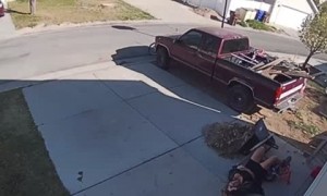 Girl Falls Tripping Over Bike and Tips Over Wheelbarrow