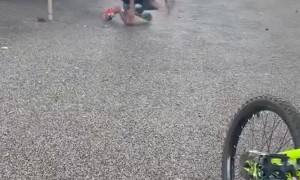 Energetic Boy Falls Climbing Up Slide