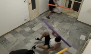 Friends Hit Each Other With Pool Noodles While Blindfolded