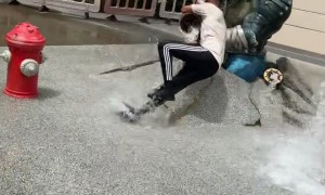 Guy Running Through Fountain Runs into Statue