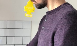 Dad Wears Car Freshener While Changing Baby