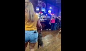 Bare-handed Southern girl fearlessly takes opossum out of bar