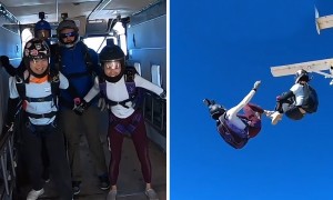 Woman's jump leads to unfortunate mishap for fellow skydiver