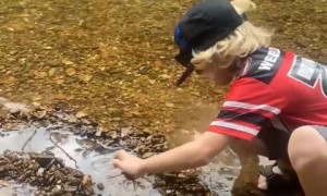 Kid gives captured crab a taste of freedom