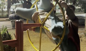 Guys Create Human Wheel of Fire WIth Playground Equipment