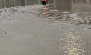 Cyclist Attempts to Ride Through Flooded Parking Lot