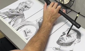 Three Simultaneous One-handed Portraits of Basketball Stars