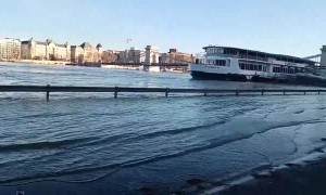 Danube River in Budapest, Hungary floods onto street