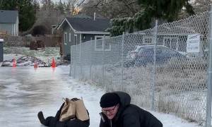Portlanders Slide Down Icy Drive Way to Protect Their Groceries