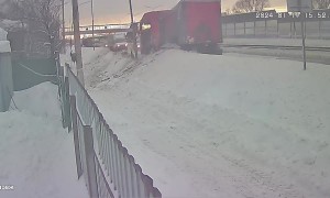 Semi Slides Off Snowy Russian Highway