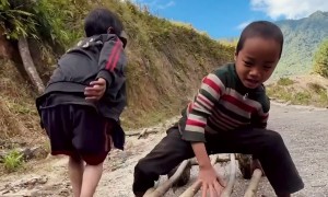 Children Play On Homemade Wood Vehicle