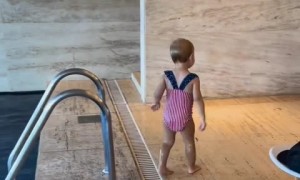 Little girl fearlessly jumps into the pool