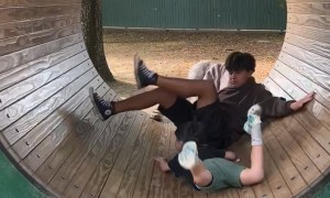 Little Brother Takes a Tumble on Spinning Wheel