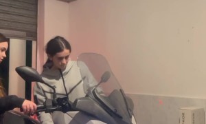 Girls Crash Motorcycle in Garage