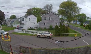 Low-Hanging Wire Sends Basketball Hoop Flying