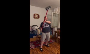 Dad And Cat Try To Catch Bat