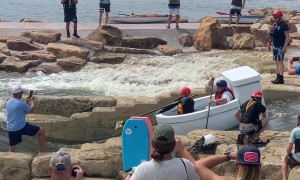 Giant Toilet Enters the Great Raft Race in Tulsa