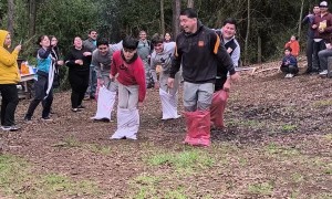 Dog Interrupts Sack Race