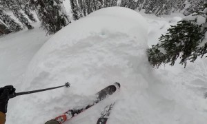 Heli-Skier Rides Down a Crazy Pillow Line in British Columbia Backcountry