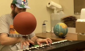 Playing Game Soundtrack On Piano While Spinning Basketball On Hand