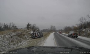 Car Slides Off Icy Road and Rolls Over