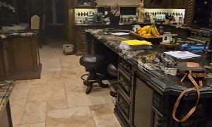 Sneaky Husband Startles Wife In Mansion's Kitchen