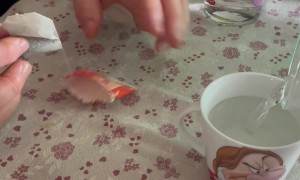 Blue Lovebird Opens Tea Bag