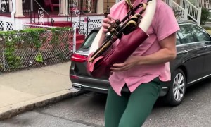 Smooth Recovery After Unicycling Tuba Player Stumbles