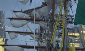Sailors Dangle From Ship Mast During Bridge Crash