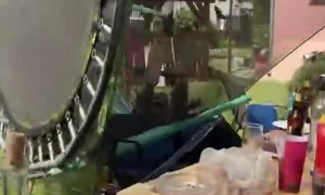 Jumping Men Tip Over Trampoline