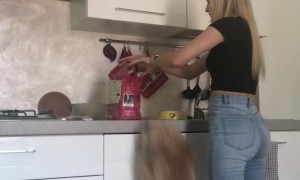 Overexcited Poodle Jumps for His Food