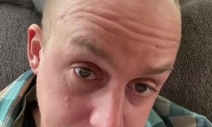 Grey Cat Grooms Reclining Man