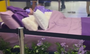 Man Sleeps On Mall Mattress Display