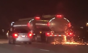 Tanker Truck Starts Sparking on Freeway