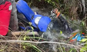 Motorcycle Falls Off Bridge Into Stream