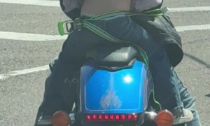 4 Year Old Ratchet Strapped Onto a Motorcycle