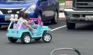Girls Expertly Drift Toy Car In Parking Lot