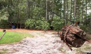 Man Throws Axes At Suspended Log