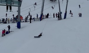 Snowboarder Smooths Out T-Bar Ski Lift Ruts