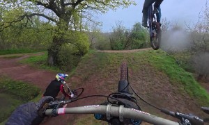 Two Mountain Bikers Nearly Land on Each Other