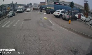 Mini Truck Toppled By Curb Crashes Into Semi